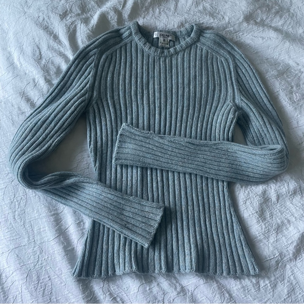 Celine 100% Cashmere Light Blue Melange Knit Crewneck Sweater Medium Weight